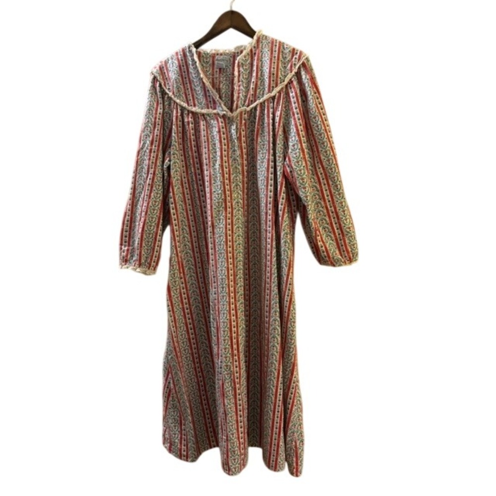 Lanz of Salzburg Nightgown Vintage Cotton Floral Stripe Lace Trim Red Blue L
